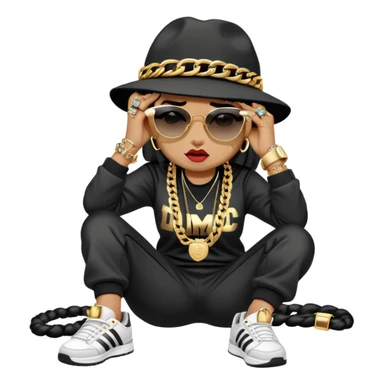female cat wearing Run DMC hip-hop outfit with tracksuit, fedora, Adidas sneakers, dark sunglasses, many gold chains, rings, bracelets, flashy earrings, lying on the ground in distress, crying sticker
