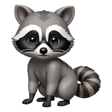 Cinematic-cute Raccoon-Realistic-hunched Full-Body on all fours-Emoji – Tail flicking lazily, head tilted dramatically, thick grey fur with a signature black mask, sharp and alert ears, simplified yet realistic focused features, highly detailed, glowing with an almost sarcastic glow big black eyes realistic body sticker
