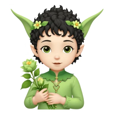 Tiny elf baby black curly hair with pointy ears and hat, pastel green outfit, hold flowers sticker