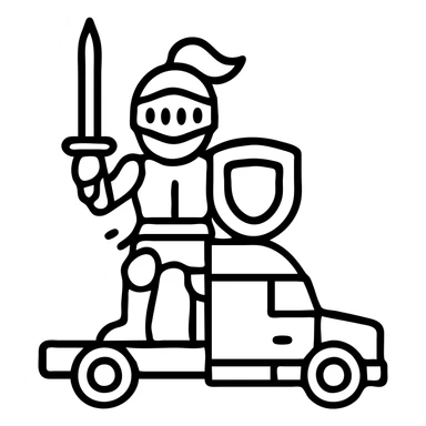 Make Casper the knight smaller, about the same size as the white semi truck, outlined icon style, keep transparent background. sticker