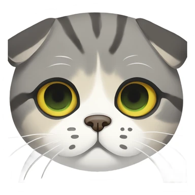 a Scottish Fold with a tri-color coat (gray, white, and beige), large round yellow-green eyes, a serious expression, and folded ears.  sticker