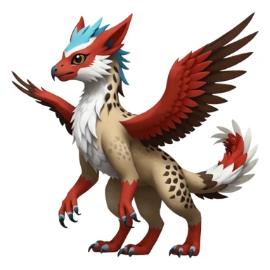 Winged hyper-realistic Feral Rare realistic edgy brown, white, red pretty beautiful handsome gorgeous aesthetic colorful vibrant Vernid-Trico-Silvally-Nargacuga-Gryphon-fusion-hybrid-species-Fakemon-creature by LiLaiRa, random markings, tufted ears, full body with snow-leopard-pattern-markings sticker