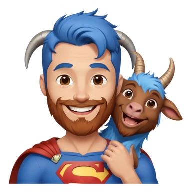 Adult Superman with redish brownish hair and full beard with his arm around a blue hair laughing goat sticker