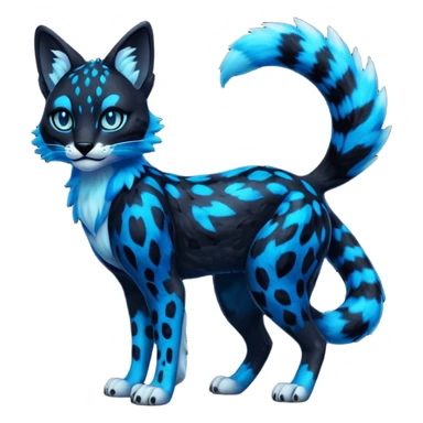 Realistic Obsidian-pitch-black fur body with neon-glowing-blue ring-markings Grem2-Gremz-serval-panther-Sergal-fusion, full body  sticker