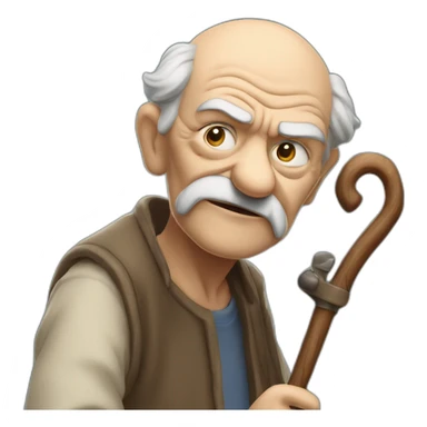 Old man leaning on a walking cane and holding his crancky back with his hand, grumpy face, detailed sticker