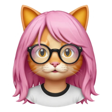Orange Yellow cat wearing a long pink hair wig, black circle glasses, white T-shirt sticker