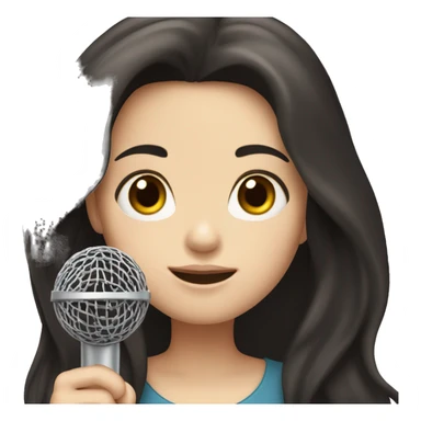 a girl with long black-brown hair, hazel eyes, pale skin, singing into a microphone sticker