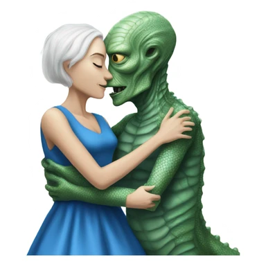 White man in blue dress  hugs and kissing Alien reptilian woman in silver dress  sticker