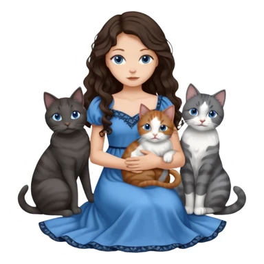detailed realistic looking a dark grey and white cat regally sitting with six other cats, cuddling with their owner who is a pretty bratz lightly tanned white girl with long dark brown hair, blue eyes and gorgeous long wavy hair wearing a pretty detailed dress sticker