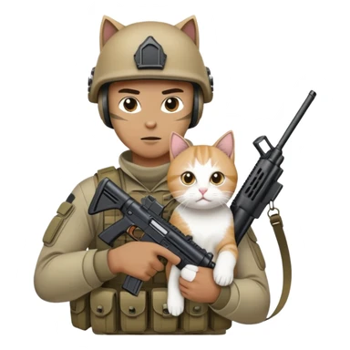Man in tactical airsoft gear holding a gun in one hand and a white and brown cat in the other hand sticker