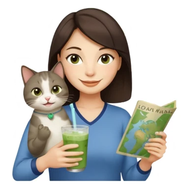 a brunette woman in here 30S drinking an iced matcha, carrying a grey cat and a map of the world sticker
