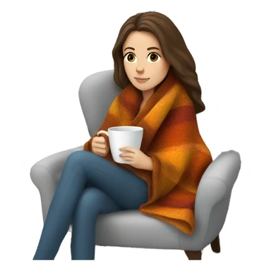 Brunette white girl covered in blanket autumn vibe sitting on a cozy chair holding coffee sticker