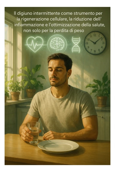 A realistic, cinematic illustration of a healthy, calm man in his early 30s sitting in a bright kitchen in the morning, with an empty plate in front of him and a glass of water in his hand, looking serene and focused. Behind him, the background shows subtle symbols of health: green plants, sunlight streaming in, and a blurred wall clock showing 10:00, symbolizing the fasting window. Above the man, a translucent overlay of medical icons (heart, brain, DNA strand) glows softly, illustrating that intermittent fasting acts as a powerful medicine, not merely a diet. The color palette is fresh and natural, emphasizing health, clarity, and focus. The style is realistic with slight cinematic tones, conveying that the man is using intermittent fasting as a tool for cellular regeneration, inflammation reduction, and health optimization rather than weight loss in italiano sticker