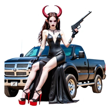 Lilith model red eye sexy black  devil horns.  long brown haired sexy succubus woman with leather long dress slit, sitting on big Large F350 pickup truck. Black Platform high heels on feet. Tattoo sleeve arms, dead human skull of her ex skull is on top of stack of cash and a gun in  hand sticker