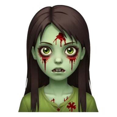 girl zombie with green pale skin with long dark brown straight hair with side bangs light brown eyes blood under eyes and brui sticker