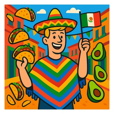 festive Cinco de Mayo cartoon of a tall white American with blonde hair, smiling, wearing a colorful poncho, holding a taco and an avocado, waving a Mexico flag, surrounded by tacos and avocados, on a lively street background, bright and bold colors sticker