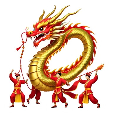 Cinematic Realistic scene of a Chinese Dragon Dance featuring performers energetically holding a vibrant dragon model aloft, with intricately detailed scales and dynamic flowing costumes, illuminated by festive red and gold lighting that captures the spirit of celebration. sticker
