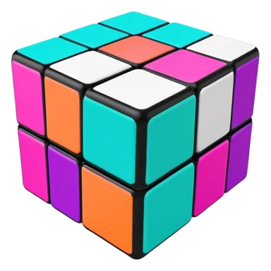 A 3x3 Rubik's Cube in mid-turn, showing movement, with vibrant 90s American colors like neon green, purple, turquoise and hot pink sticker