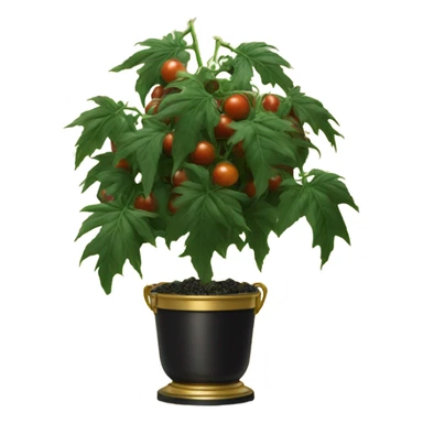 Large plant with only Black tomatoes on in a gold pot sticker