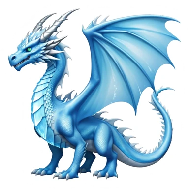Cinematic Noble Fierce Ice Dragon full body Emoji, Poised and imposing, distinct long elegant snout, with a slender, scaled body shimmering in glacial hues of icy blue, frostbitten silver, and crystalline white, breathing out frost, with piercing, glowing eyes that radiate the chilling depths of an arctic storm; rendered in detail. displaying its wings sticker