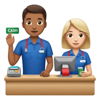 Supermarket employee at a cash register, full body, serving a man sticker