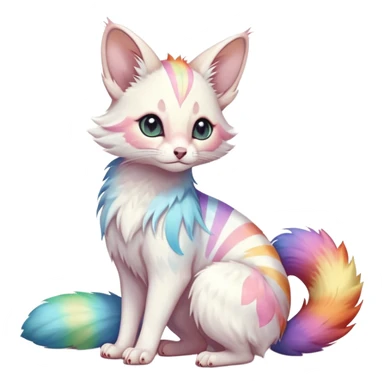  cute adorable pastel-iridescence-gradients albino fur with random colorful iridescent rainbow markings beautiful elegant pretty precious cute  Fakémon-Pokémon-opossum-feline-serval-caracal-chinchilla-Minccino-hybrid-creature with a big fluffy bushy striped tail (full body) sticker