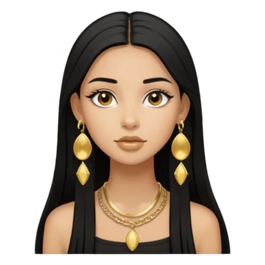 Pero que sea de una chica morena con pelo negro largo lacio. Que siempre utilize aretes dorados y axxesorios dorados y que sea AESTHETIC como pinterest sticker