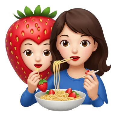 A brunette woman eating noodles next to a giant strawberry sticker