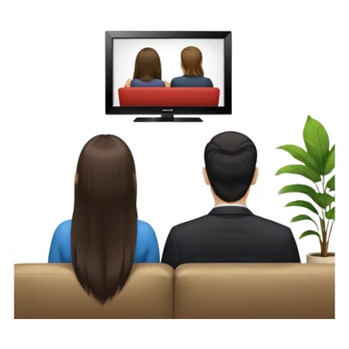 A man and a women long hir  photographed from behind, sitting on a sofa and watching the news on TV on a modern flat screen. The setting is a living room. sticker