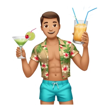 human male Unbuttoned Hawaiian shirt, swim trunks, shaking a cocktail shaker (sparks flying) sticker