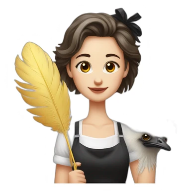 Slavic girl in a white T-shirt and a black apron holds ostrich feathers for dusting sticker