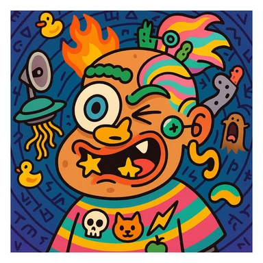chaotic character with lumpy potato-shaped face, one side stretched, huge spinning googly eye, tiny angry bloodshot dot eye, mouth glitching between smirk and scream with two star-shaped teeth, big whistling nostril nose, lightning bolt eyebrow, caterpillar eyebrow, satellite dish ear, sock puppet ear, half fire half pastel rainbow hair with tiny cactus wearing monocle, floating UFO accessory dropping spaghetti, robotic vibrating body in neon poncho with floating skull, cat, and fruit emojis, background is swirling vortex of rubber duckies, ancient runes, and a screaming ferret sticker