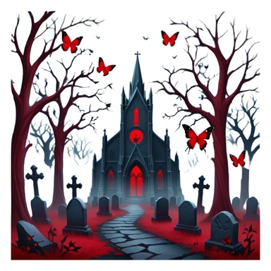 Moonlit graveyard shrouded in mist, eerie red butterflies with blood-like patterns hover near twisted trees. Dark cathedral looms in the background, a ghostly figure watches in silence." sticker
