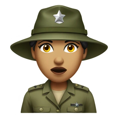 a female drill sergeant showing full torso wearing a classic sergeant hat and a camouflage army shirt. The character should have an angry intense expression.  sticker