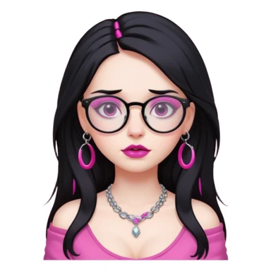 pale girl with multiple piercings, long black hair with pink tips, dramatic makeup, glasses, prominent bust sticker
