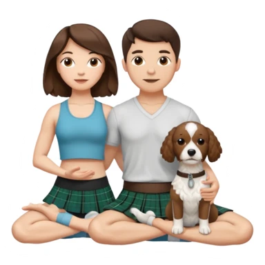 emoji of brunette man wearing kilt, brunette woman in yoga outfit and white cockapoo dog sticker