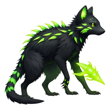 Rare realistic black edgy toxic radioactive-themed black fur with neon-lime-green-glowing  epic handsome gorgeous aesthetic vibrant Vernid-Trico-species-Fakemon-creature by LiLaiRa, 4 legs, 1 tail, random markings, (full body) sticker