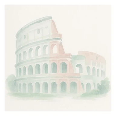 Colosseum in watercolor style with white, green, and pink pastel tones sticker