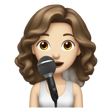 a girl with brown long layered middle parted hair, hazel eyes, pale skin, dark lips, singing into a microphone sticker