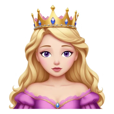 Cinematic Realistic Sleeping Beauty (Aurora) Portrait, with porcelain-like skin featuring a natural rosy flush, illuminated by soft lighting that highlights the gentle contours of her face. Her golden blonde hair flows in soft, detailed waves with subtle highlights that shimmer in the light. Her deep violet-blue eyes radiate warmth and innocence, framed by arched brows and long lashes. Her serene expression exudes quiet elegance. She is dressed in her classic pink gown, the fabric rich in texture with delicate folds that catch the light. A golden crown rests atop her head, gleaming with royal refinement. The portrait captures a soft, glowing aura, blending realism with an ethereal sense of beauty and timeless enchantment. sticker