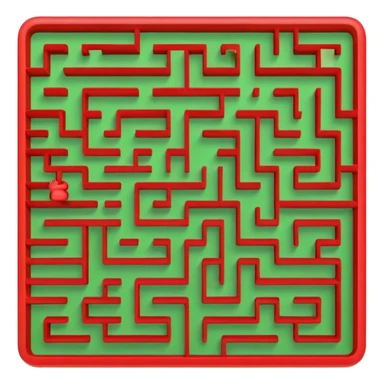 Create a realistic emoji of a maze with different patterns in red which show the wrong way and one way which shows the right way across the maze in green sticker