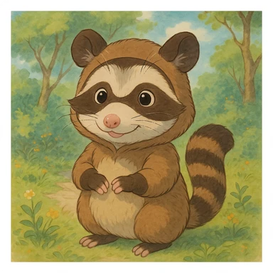 a cute cartoon possum dressed up like a raccoon, studio ghibli style sticker