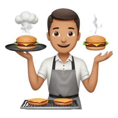 A cheerful man in an apron flipping burgers on a sizzling grill with smoke puffing upward. sticker
