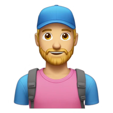 a guy in a pink shirt, blond, with a short beard in a blue cap, sticker