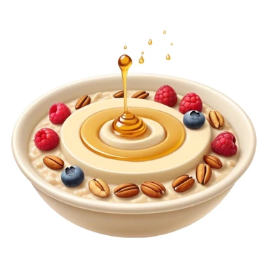 Cinematic creamy oatmeal, smooth texture with a swirl of honey on top, garnished with fresh berries and nuts, warm and comforting, cozy golden tones, rich and delicious. sticker