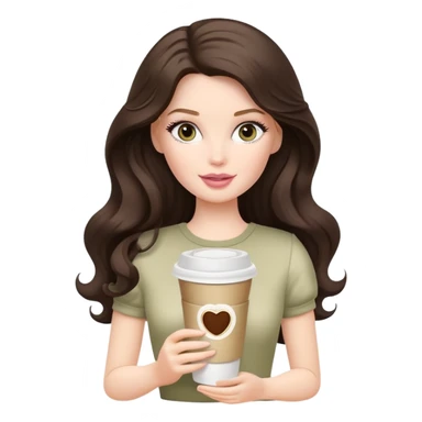 A white Barbie girl with long dark brown wave hair and a pale olive paper cup of coffee sticker