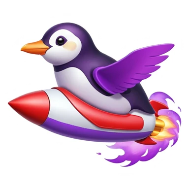 penguin flying in red rocket with purple fire sticker