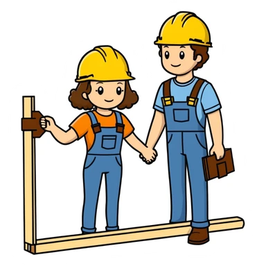 a couple holding hands, boyfriend with short brown hair, girlfriend with long brown curls, both wearing construction helmets and holding construction plans, cartoonish sticker style sticker