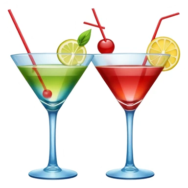 Create an emoji of two cocktails, one glass of green and yellow color and one glass of blue and red, without any fruit, put the action of cheers or party that two glass click together sticker