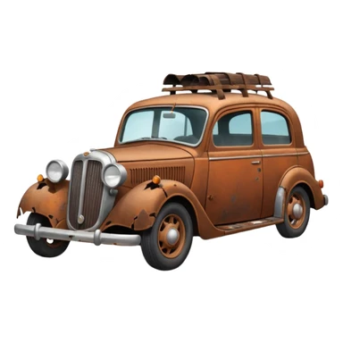 Side view of a broken-down old car with steam from the bonnet, shattered windows, rusted doors, a flat tire, dents, peeling paint, and a grimy, neglected look. sticker